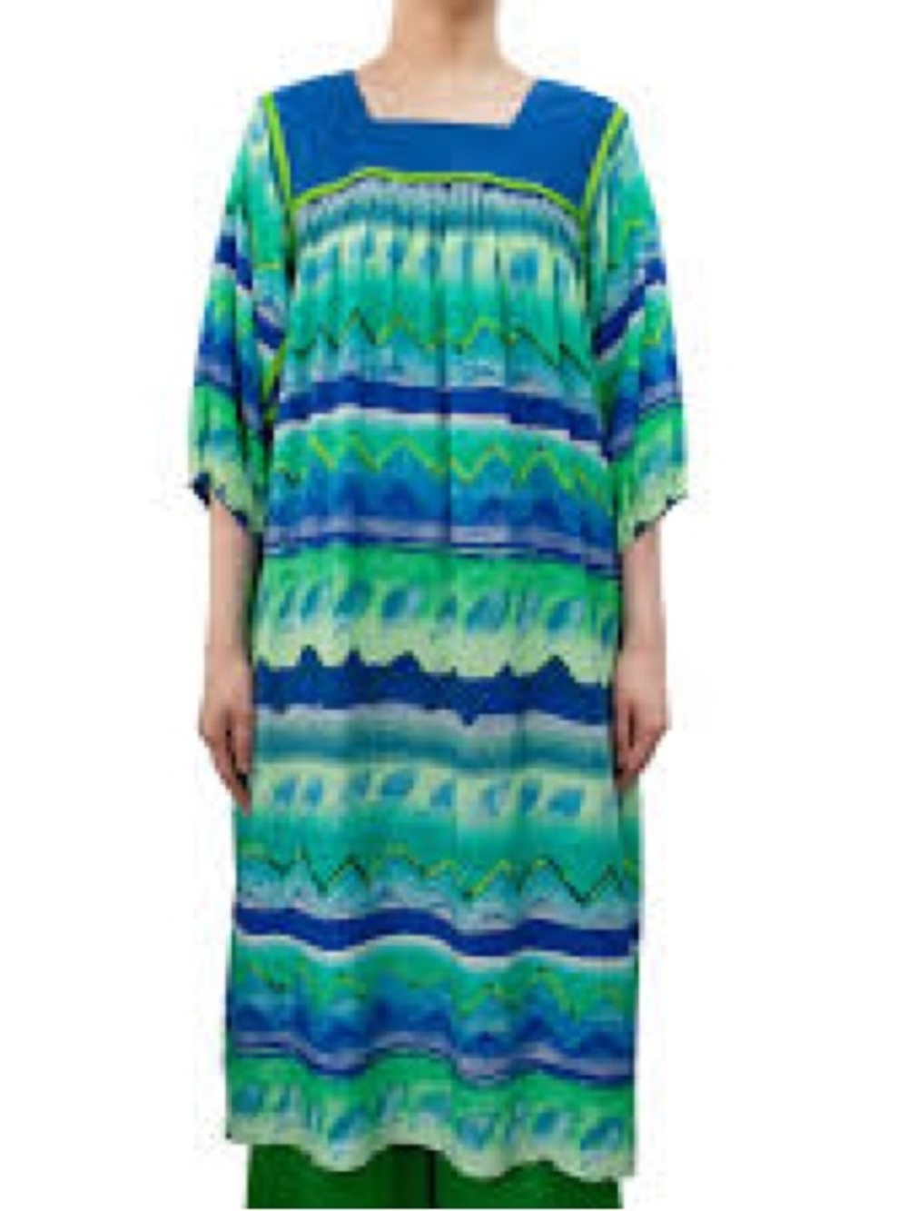 Vintage Krist  Gudnason Blue & Green Patterned Square-Neck Maxi Dress